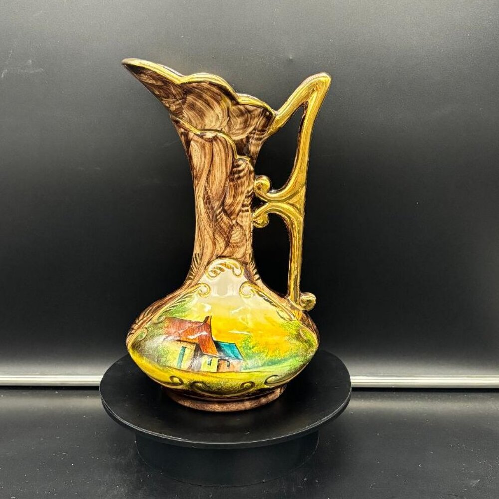 Vintage 1950's Quaregnon Belgium Pottery Hand Painted Ewer Pitcher Vase 10 X 6 - Picture 2 of 10